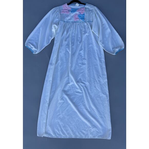 NATORI White Long Sleeve Ivory Silky Nightgown Applique Embroidered Floral Sz M - Picture 3 of 9